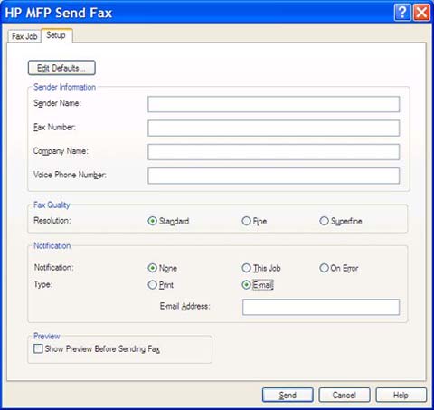 b. I dialogboksen HP MFP Send Fax, klikker du på kategorien Fax Job (Faksjobb).