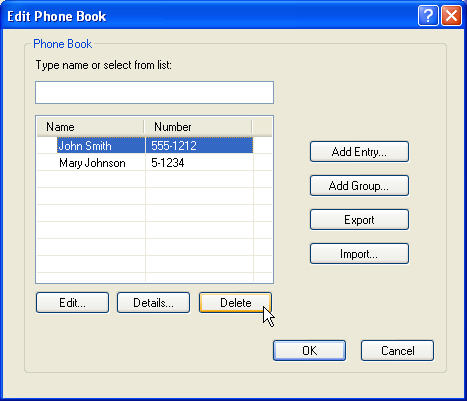 3. I dialogboksen Edit Phone Book (Rediger telefonbok) velger du navnet du vil slette, og deretter klikker du på Delete (Slett). Bekreft slettingen i dialogboksen CONFIRM (Bekreft).