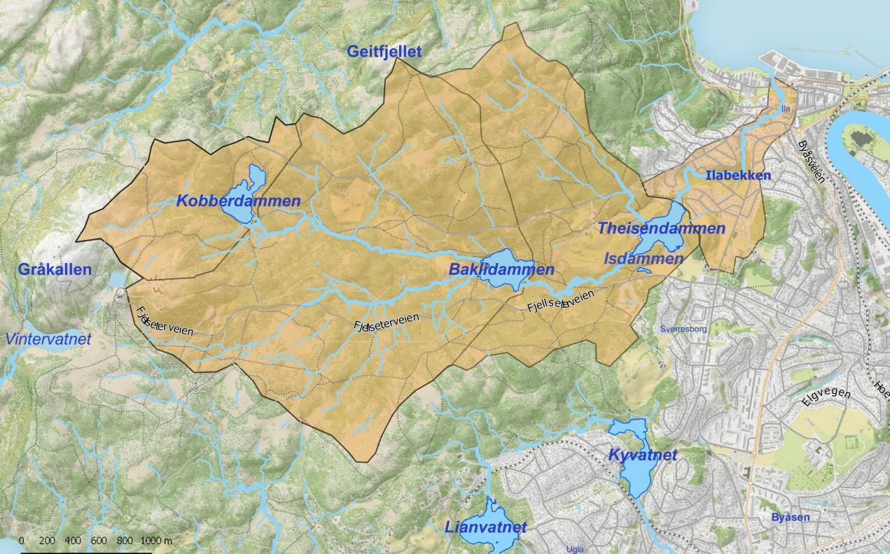 stilleflytende partier mellom dammene. Ilabekken nedstrøms Theisendammen er ca. 1,8 km. Nedre del av Ilabekken (ca. 7 m) har vært lukket i flere ti-år, men ble gjenåpnet i 6. 5 Figur.