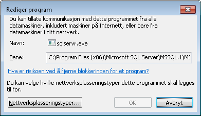 Installasjonsveiledning 5. Merk sqlbrowser.exe, og klikk Detaljer. Kontroller følgende innstillinger: sqlbrowser.exe: C:\Program Files (x86)\microsoft SQL Server\90\Shared\sqlbrowser.exe 6. Klikk OK.