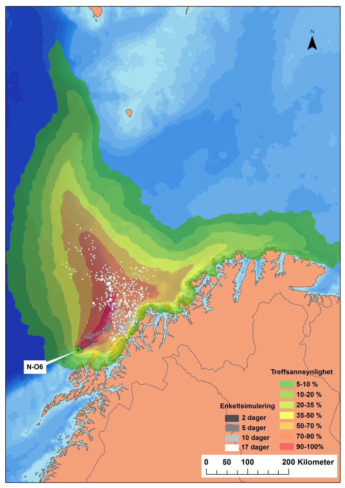 Figur 4-2 Modellert spredning av ett enkelt overflateutslipp (én enkeltsimulering) fra N-O6 med startdato 19.