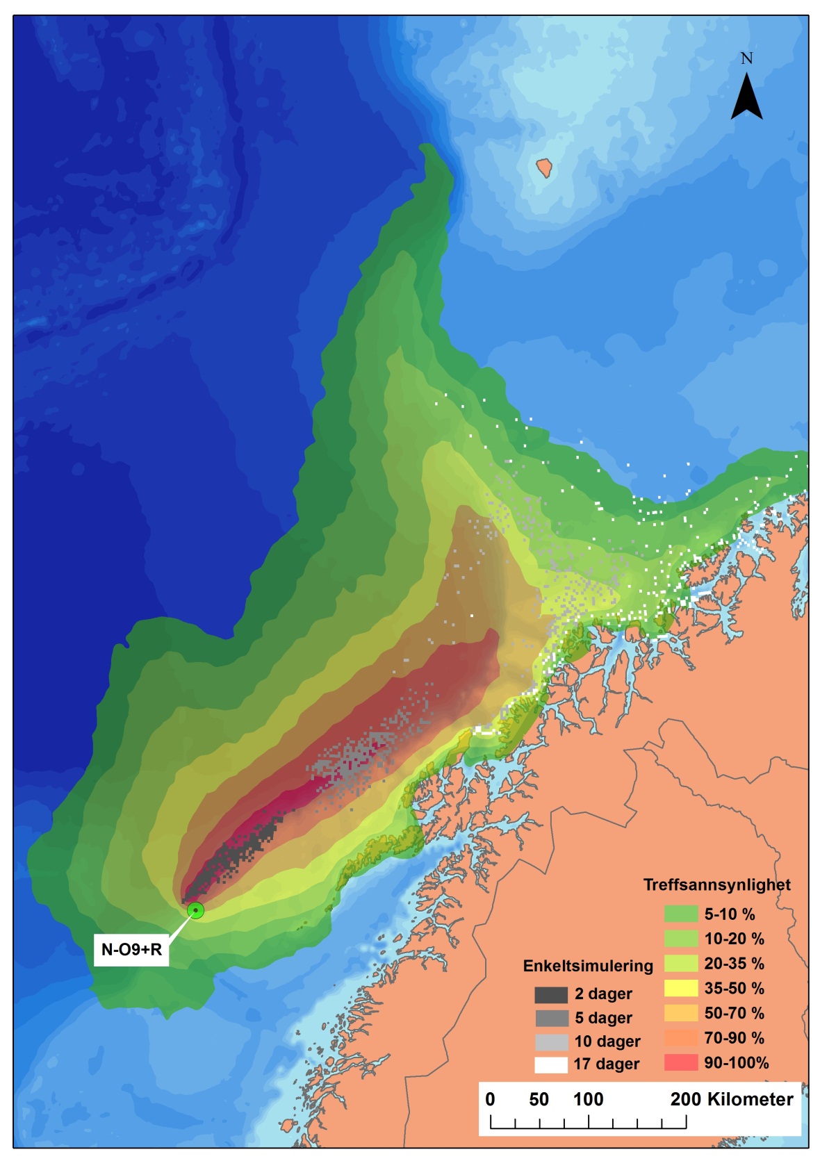 Figur 4-4 Modellert spredning av ett enkelt overflateutslipp (én enkeltsimulering) fra N-O9 med startdato 23.