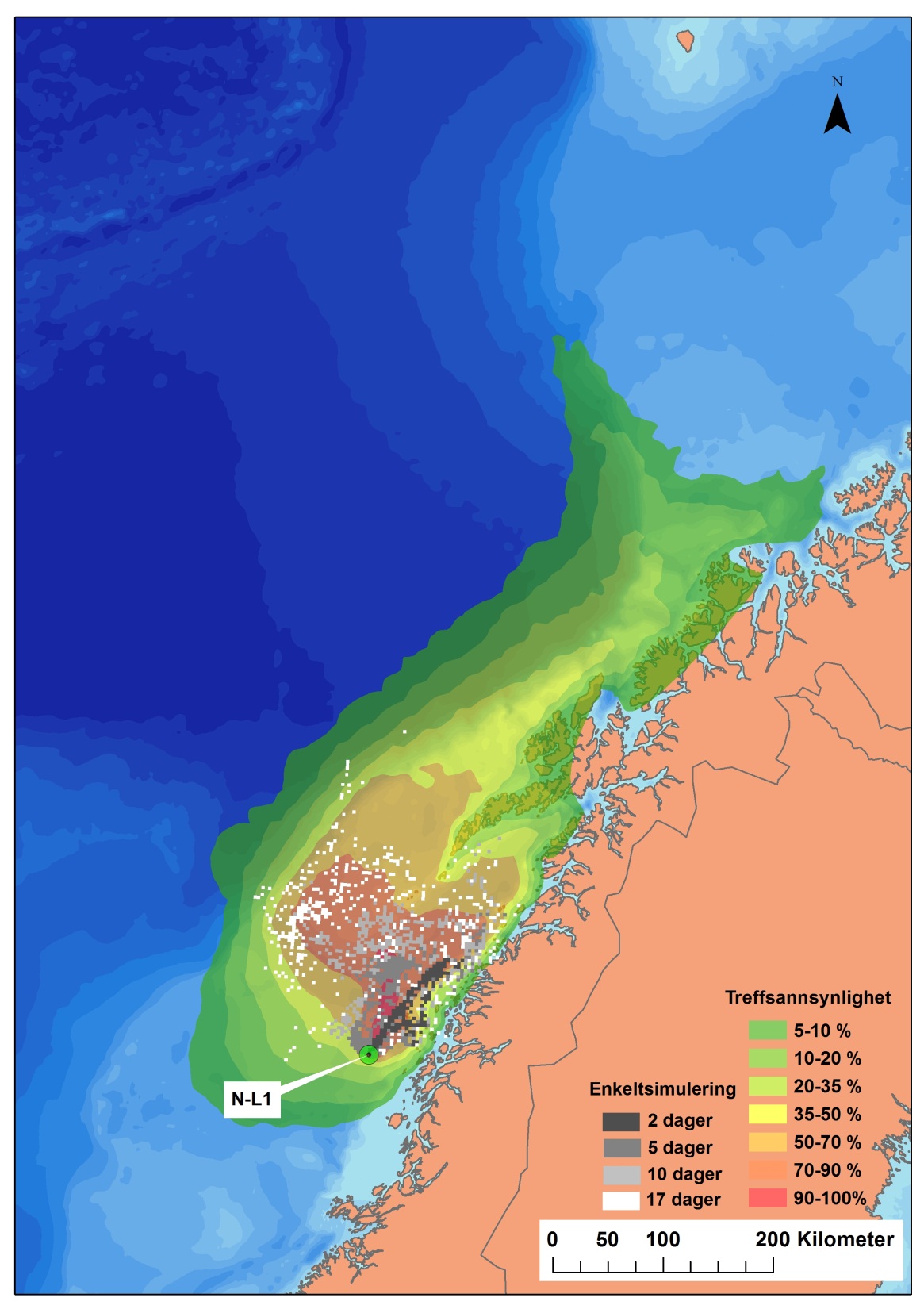 Figur 4-8 Modellert spredning av ett enkelt overflateutslipp (én enkeltsimulering) fra N-L1 med startdato 18.