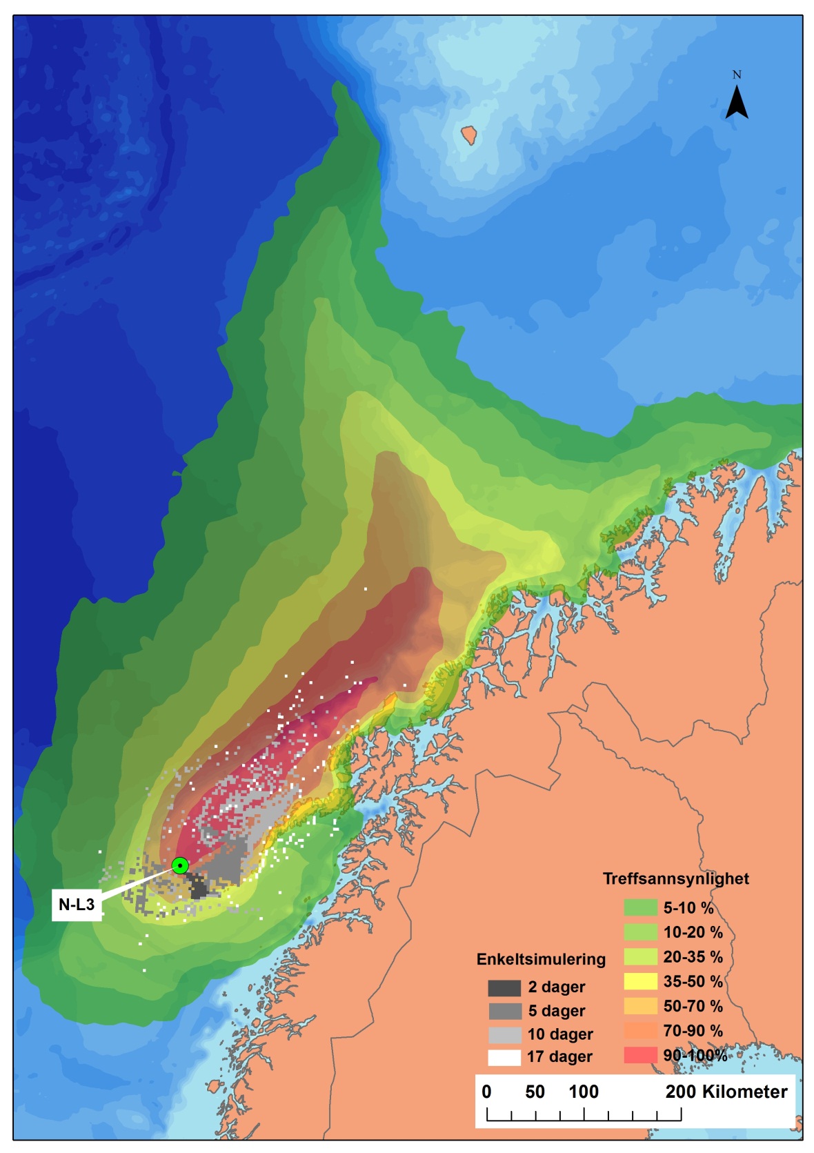 Figur 4-10 Modellert spredning av ett enkelt overflateutslipp (én enkeltsimulering) fra N-L3 med startdato 3.