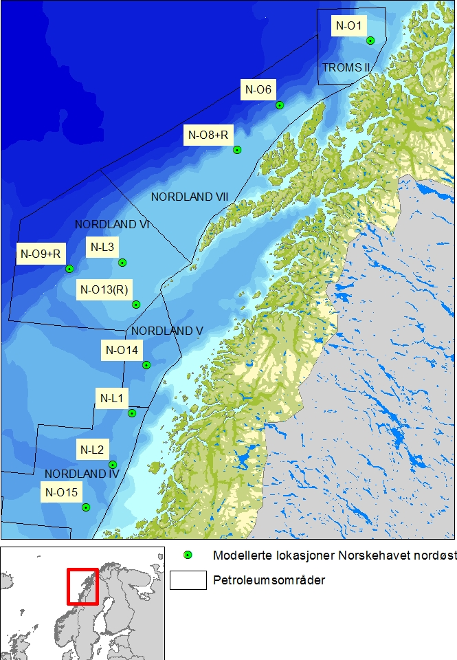 Figur 1-2 Lokalisering av utslippspunkter i det nordøstlige Norskehavet.