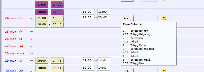 av måneden bare arbeider skjematid, vil saldoen gå nedover i fordi ubunden tid er forutsatt brukt i forhold til skjematiden). Ut-saldo er pluss/minus-timer en drar med seg over til neste måned.