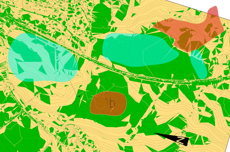 Figur 4 Terrenghelning: Grønt illustrer helning <1:20, gult illustrerer helning >1:20. Antatt/påvist sprøbruddmateriale er markert med blå skravur.