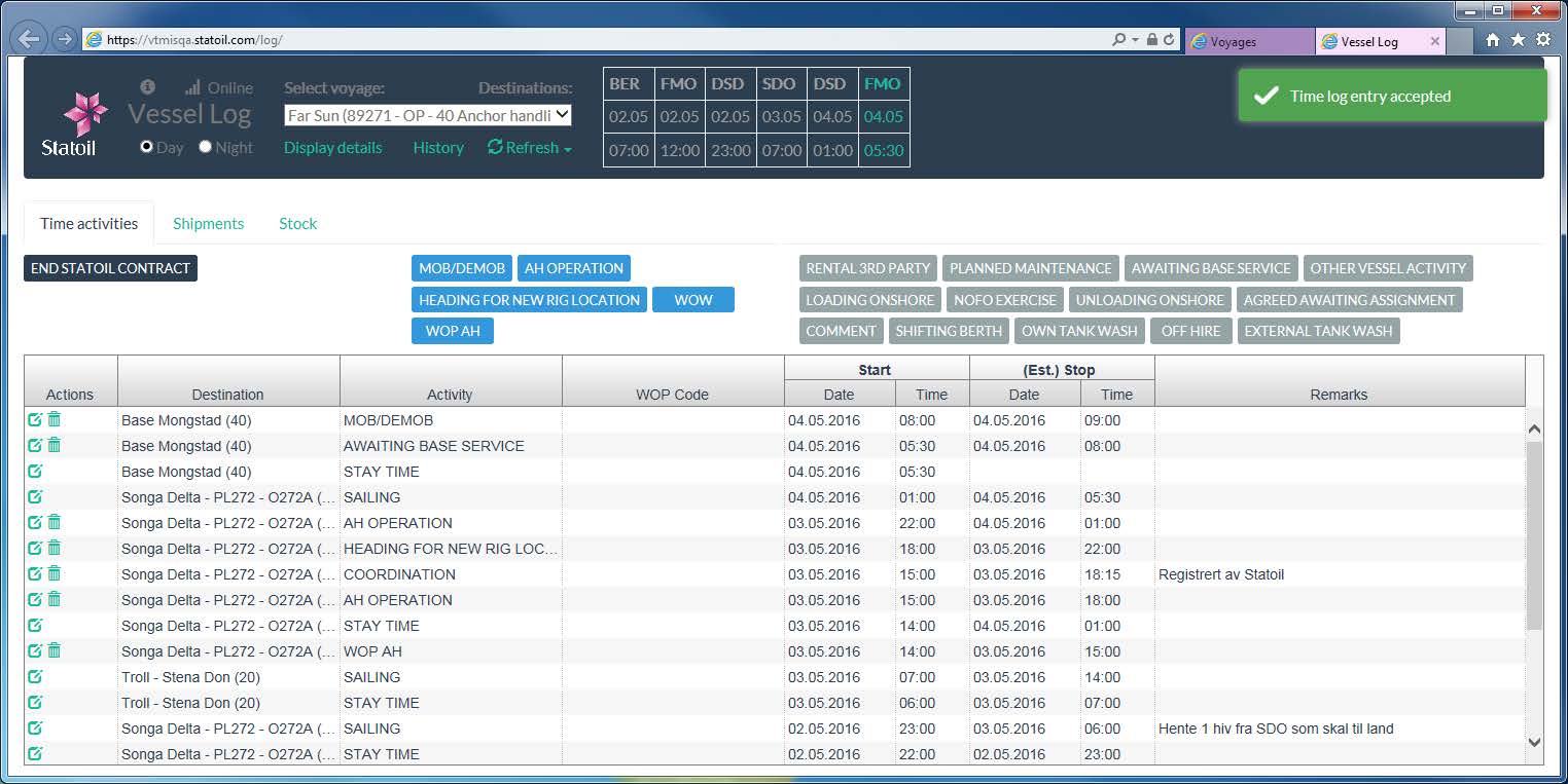 35. Klikk på for å stoppe aktiviteten MOB/DEMOB og fyll inn relevant tidspunkt. 36. Klikk på for å lukke Vessel Log, Når fartøyet er ferdig demobilisert etter oppdraget, må fartøyet velge enten: 1.
