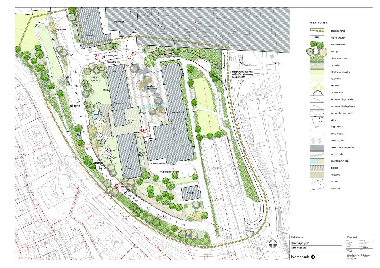 Figur 4. Revidert illustrasjonsplan. Reguleringsformål Det er ingen endringer i arealformål eller grad av utnytting. Formålet er offentlig institusjon (sykehus) som i gjeldende plan.