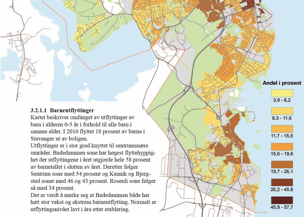 3.2.1.1 Barneutflyttinger Kartet beskriver omfanget av utflyttinger av barn i alderen 0-5 år i forhold til alle barn i samme alder. I 2010 flyttet 18 prosent av barna i Stavanger ut av boligen.