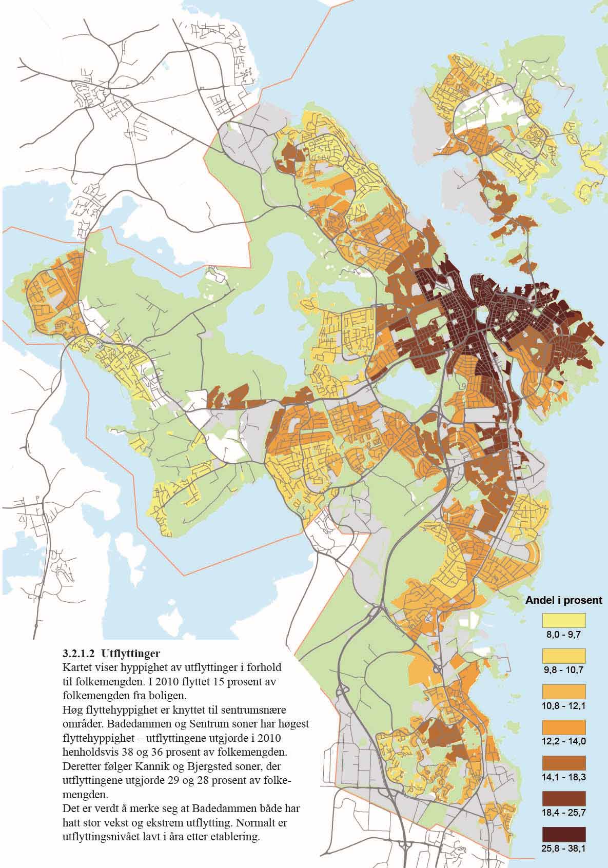 3.2.1.2 Utflyttinger Kartet viser hyppighet av utflyttinger i forhold til folkemengden. I 2010 flyttet 15 prosent av folkemengden fra boligen. Høg flyttehyppighet er knyttet til sentrumsnære områder.