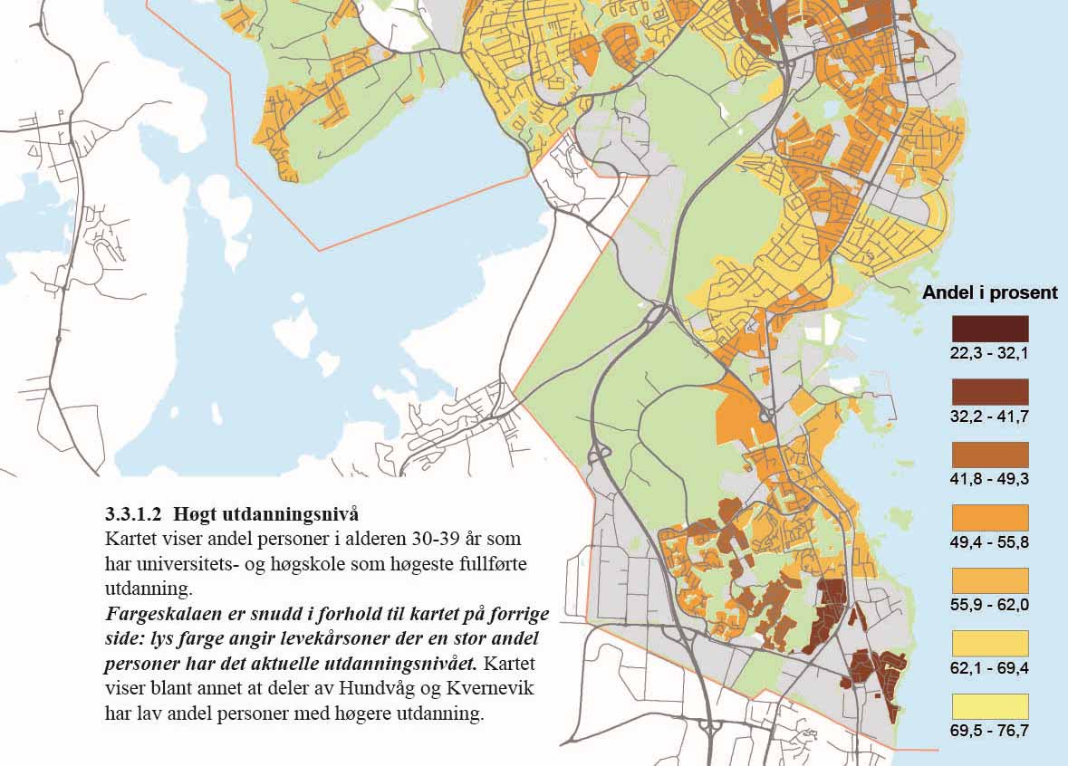 3.3.1.2 Høgt utdanningsnivå Kartet viser andel personer i alderen 30-39 år som har universitets- og høgskole som høgeste fullførte utdanning.