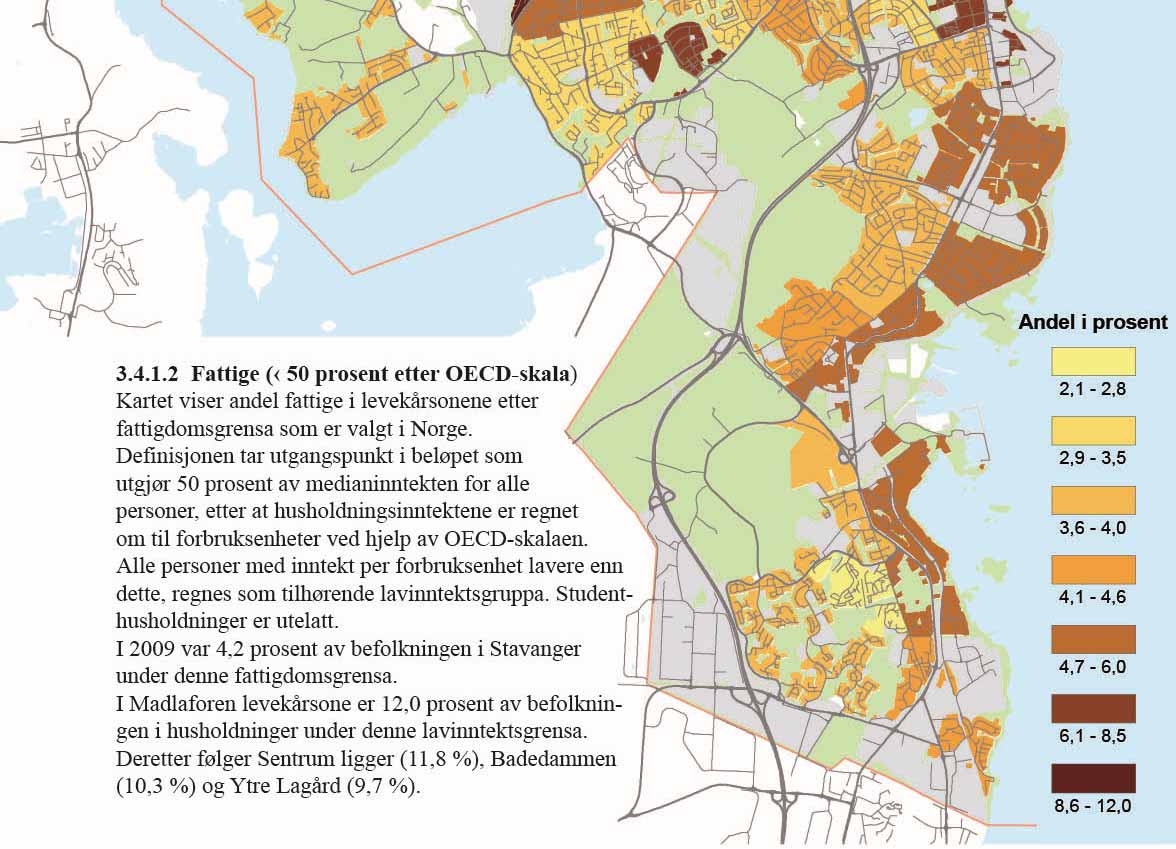 3.4.1.2 Fattige ( 50 prosent etter OECD-skala) Kartet viser andel fattige i levekårsonene etter fattigdomsgrensa som er valgt i Norge.