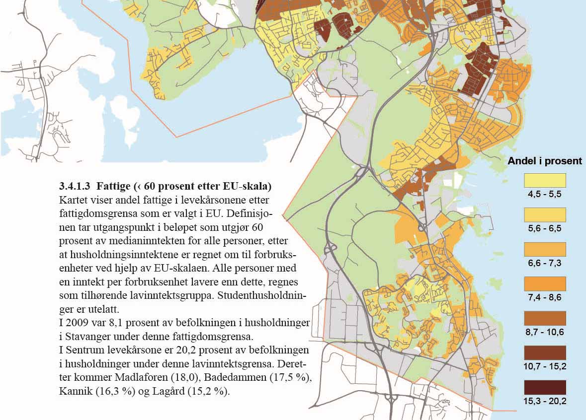 3.4.1.3 Fattige ( 60 prosent etter EU-skala) Kartet viser andel fattige i levekårsonene etter fattigdomsgrensa som er valgt i EU.