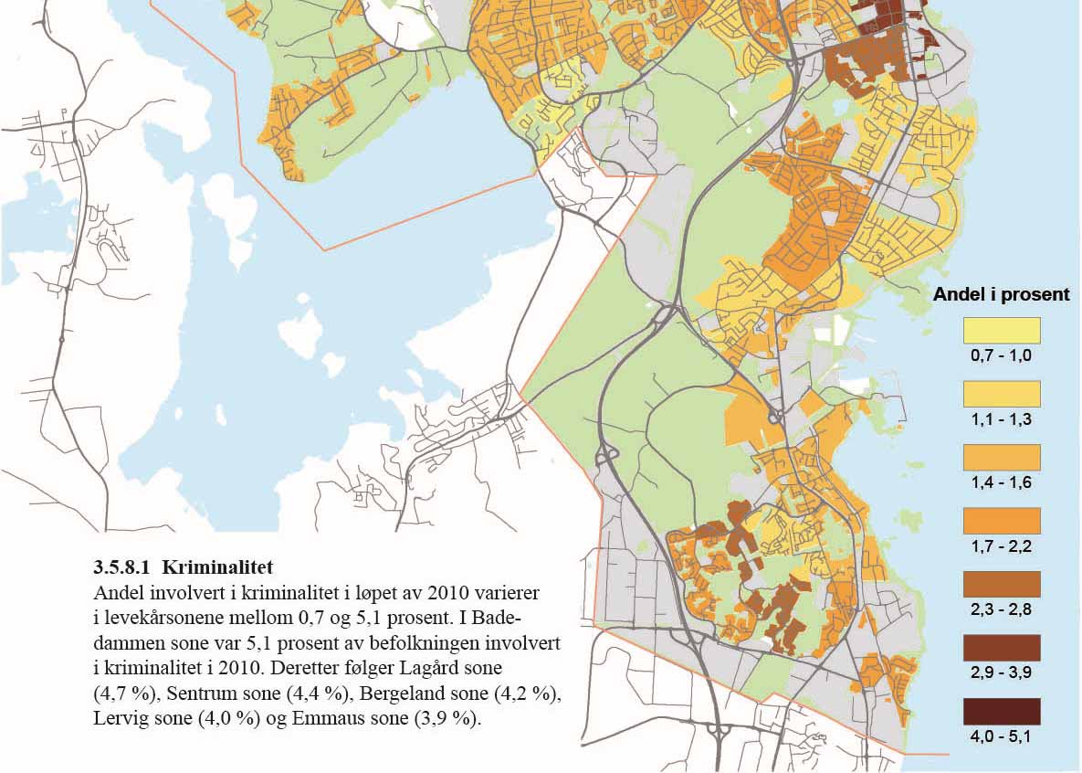3.5.8.1 Kriminalitet Andel involvert i kriminalitet i løpet av 2010 varierer i levekårsonene mellom 0,7 og 5,1 prosent.