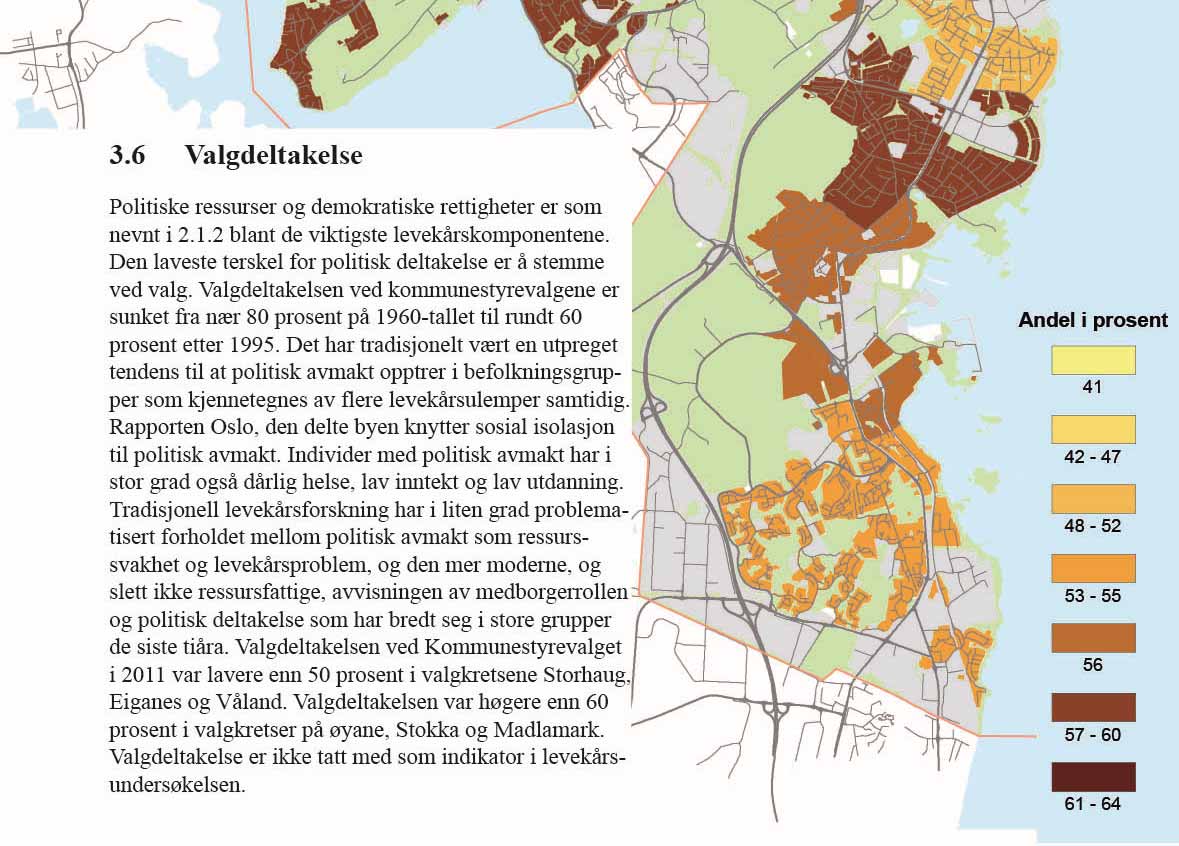 3.6 Valgdeltakelse Politiske ressurser og demokratiske rettigheter er som nevnt i 2.1.2 blant de viktigste levekårskomponentene. Den laveste terskel for politisk deltakelse er å stemme ved valg.