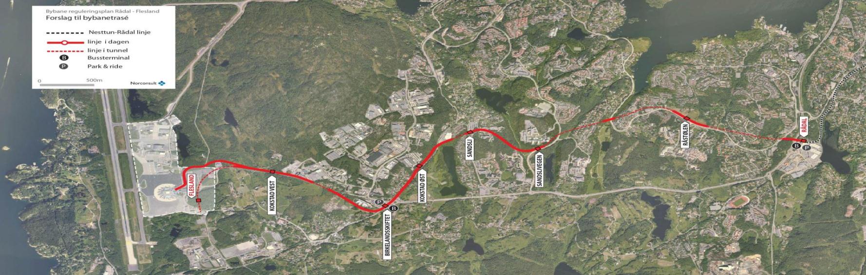 Figur 1: Regulert trase linje 3.5 Verksted / Depot Det er bygget et mindre anlegg for verksted og depot for Bybanen ved gamle Kronstad stasjon.