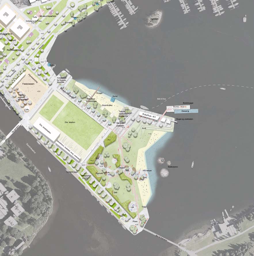 Gullik Gulliksen AS Prosjektet viser en tydelig forbindelsesakse fra sentrum og forlengelse og utvidelse av elvepromenaden.