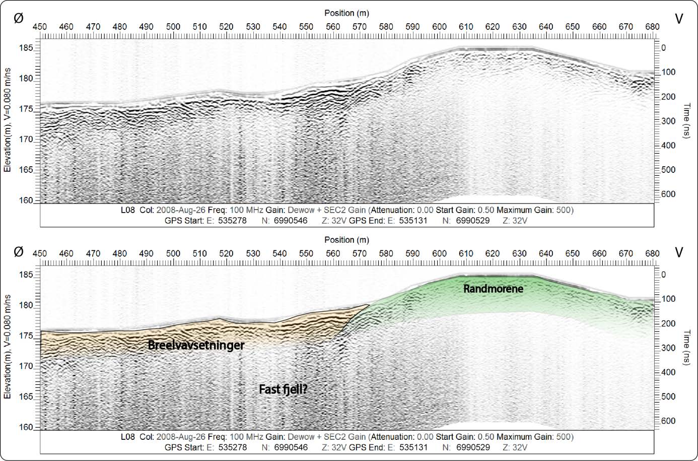 Figur 3.23: Profil L08c prosessert med og uten tolkning. 3.2.2 Profil L09, L10, L11 og L12 Profil L09 og L10 (Figur 3.24, 3.25 og 3.