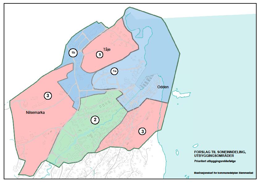 2. Soner og delområder Det er flere formål med sonedelingen, den skal angi rekkefølge i utbygging og den skal gi mulighet til å fastsette ulike bestemmelser de forskjellige sonene.