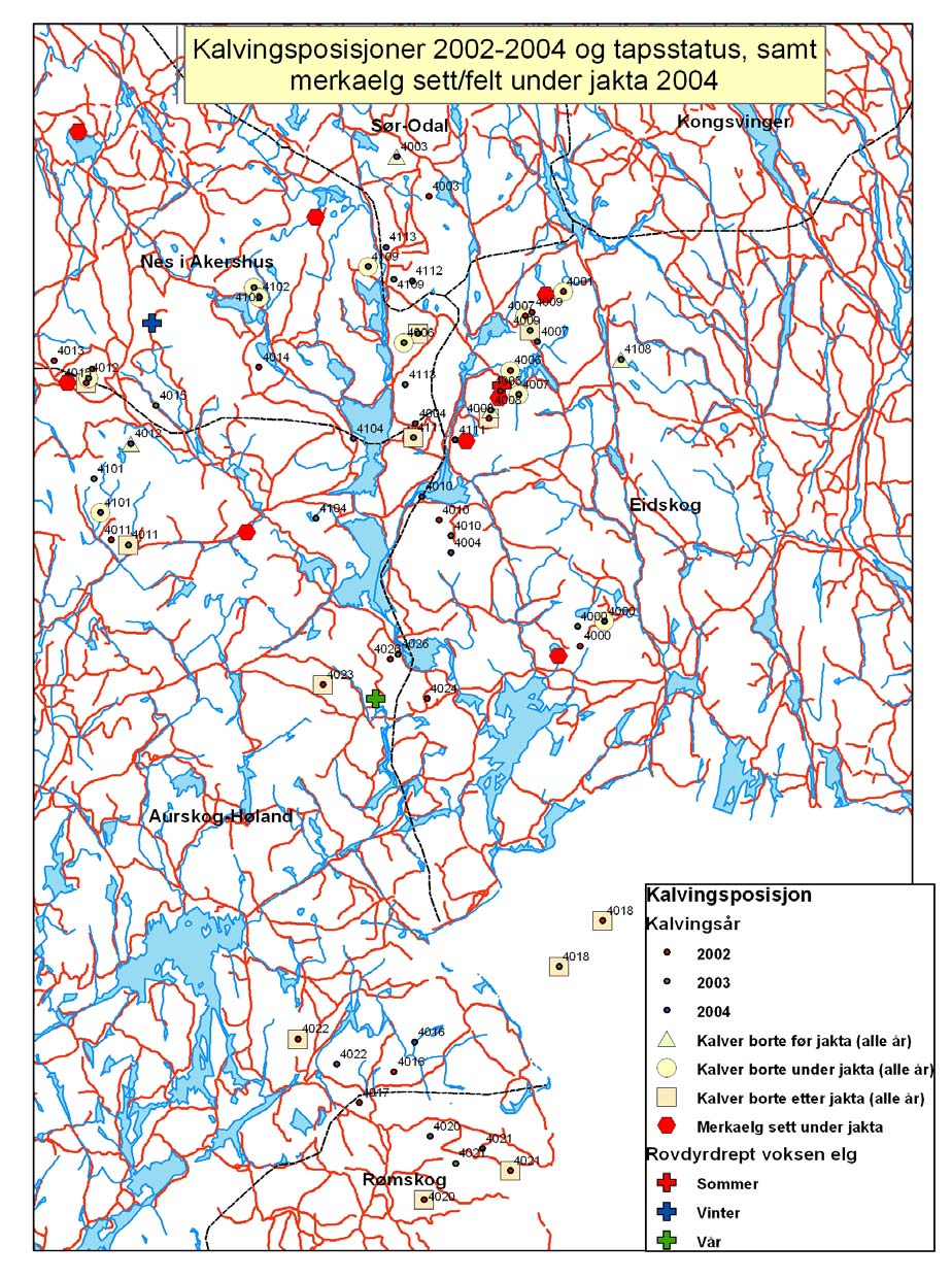 Figur 4. Kalvingsposisjoner for alle år med markering av evt. avgangstidspunkt.