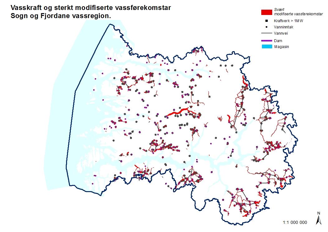 Figur 33 Kart over vasskraftanlegg og svært modifiserte vassførekomstar 4.