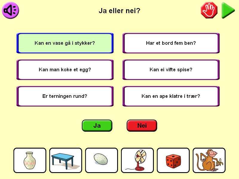 Øvelser En, ei og et? Her trener man på artiklene en, ei og et. På et bakgrunnsbilde vises fire forskjellige ord. Trykk på En, ei eller et - knappen for hvert ord. Riktig svar blir lest opp.