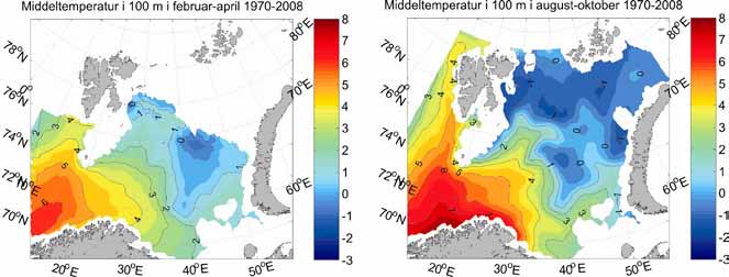 12 RAPPORT FRA OVERVÅKINGSGRUPPEN 2010 Figur 4.1.2.2 Gjennomsnittelig temperatur i Barentshavet om vinteren (venstre figur) og om sommeren (høyre figur) i 100 m dyp.