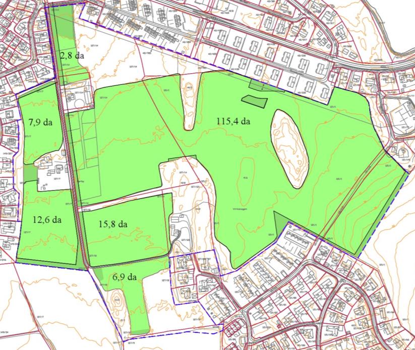 Figur 2 Netto matjordarealer for utbyggingsformål hele planområdet (mørke grønne arealer er arealer som reguleres for grønne formål).