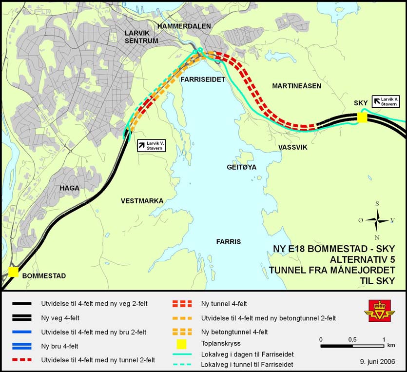 3.5 Alternativ 5 Tunnel Månejordet - Sky 3.5.1 Beskrivelse av alternativet I alternativ 5 bygges det en lang fjelltunnel /kulvert fra Månejordet forbi Bøkeskogen øst for Farriseidet, forbi