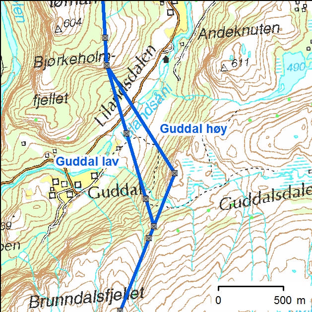 Hovedalternativ øst for Sirdalen (alternativ 2.3-2.0-1.0Ø-4.0-1.0) Den nye 420 kv ledningen føres langs alternativ 2.3 nordøst fra Ertsmyra opp skaret Grimshommen.