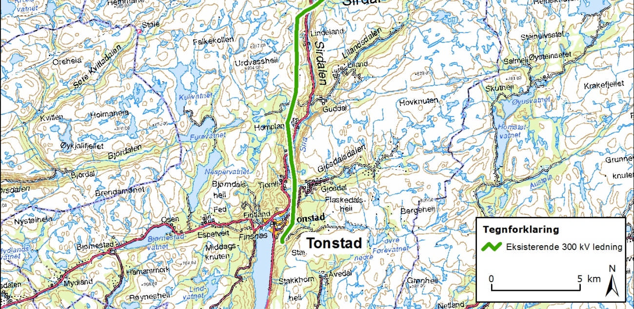 Riving av eksisterende 300 kv ledning Tonstad-Lyse Eksisterende 300 kv ledning vil bli revet på hele strekningen mellom Tonstad og Lyse, se Figur 7.