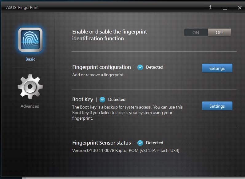 ASUS FingerPrint-innstillinger Konfigurer innstillingene for oppstartnøkkelen og fingeravtrykkbiometrien ved å bruke de grunnleggende og de avanserte alternativene for innstilling av ASUS FingerPrint.