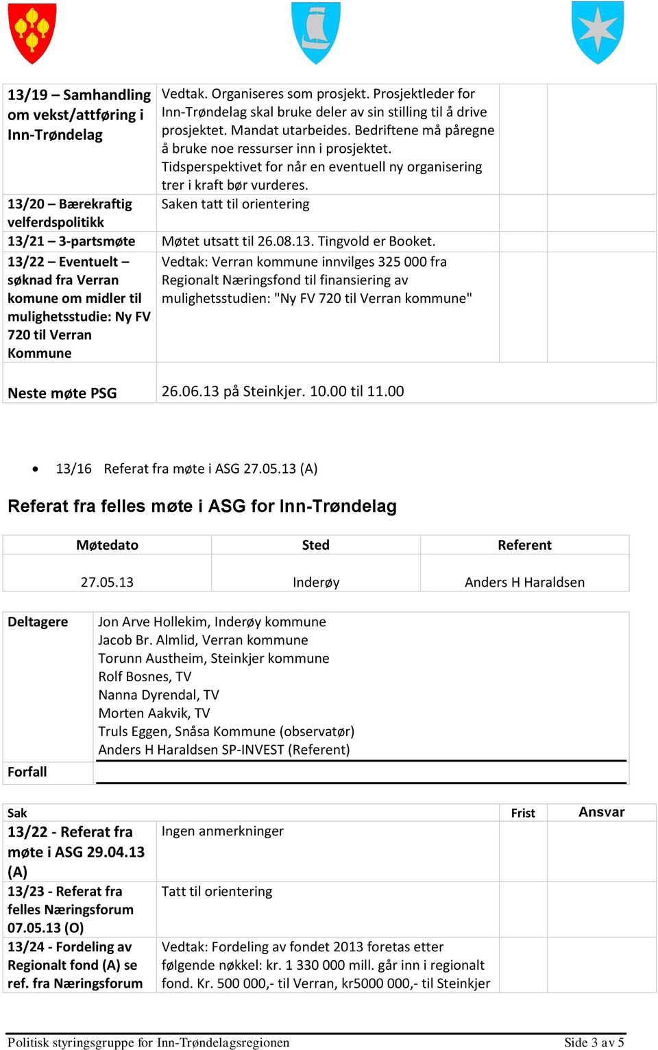 Saken tatt til orientering 13/20 Bærekraftig velferdspolitikk 13/21 3-partsmøte Møtet utsatt til 26.08.13. Tingvold er Booket.