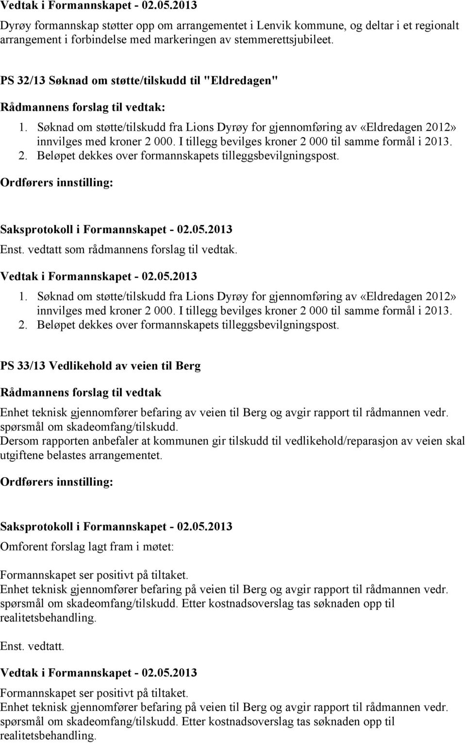 I tillegg bevilges kroner 2 000 til samme formål i 2013. Enst. vedtatt som rådmannens forslag til vedtak. 1.