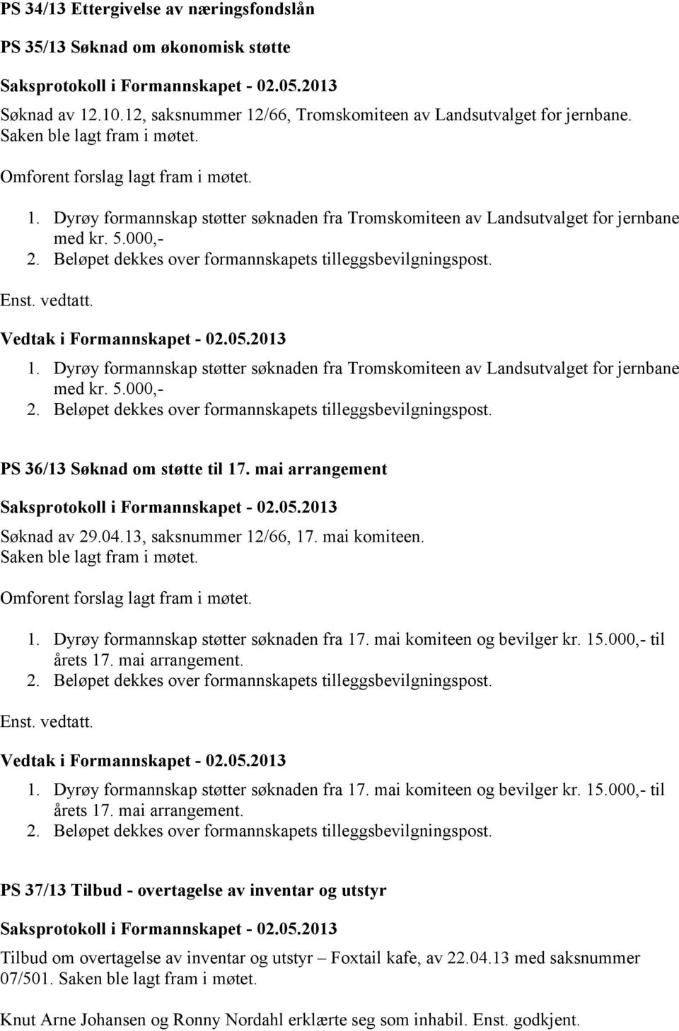 Dyrøy formannskap støtter søknaden fra Tromskomiteen av Landsutvalget for jernbane med kr. 5.000,- PS 36/13 Søknad om støtte til 17. mai arrangement Søknad av 29.04.13, saksnummer 12/66, 17.