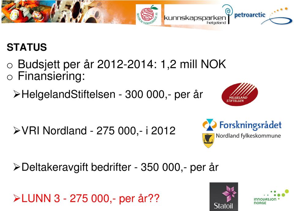 år VRI Nordland - 275 000,- i 2012 Deltakeravgift