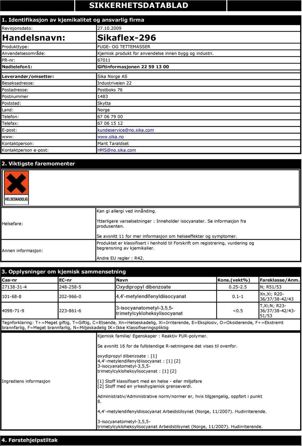 Nødtelefon1: Giftinformasjonen 22 59 13 00 Leverandør/omsetter: Sika Norge AS Besøksadresse: Industriveien 22 Postadresse: Postboks 76 Postnummer 1483 Poststed: Land: Skytta Norge Telefon: 67 06 79