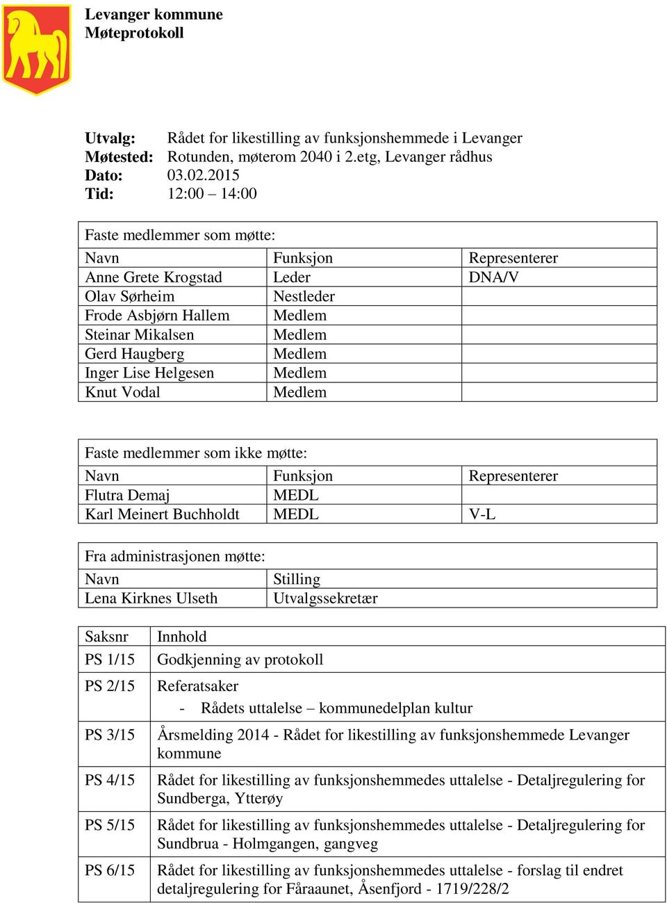 Medlem Inger Lise Helgesen Medlem Knut Vodal Medlem Faste medlemmer som ikke møtte: Navn Funksjon Representerer Flutra Demaj MEDL Karl Meinert Buchholdt MEDL V-L Fra administrasjonen møtte: Navn Lena