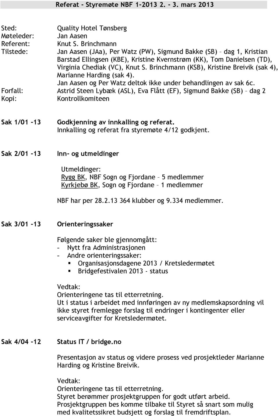 Brinchmann (KSB), Kristine Breivik (sak 4), Marianne Harding (sak 4). Jan Aasen og Per Watz deltok ikke under behandlingen av sak 6c.