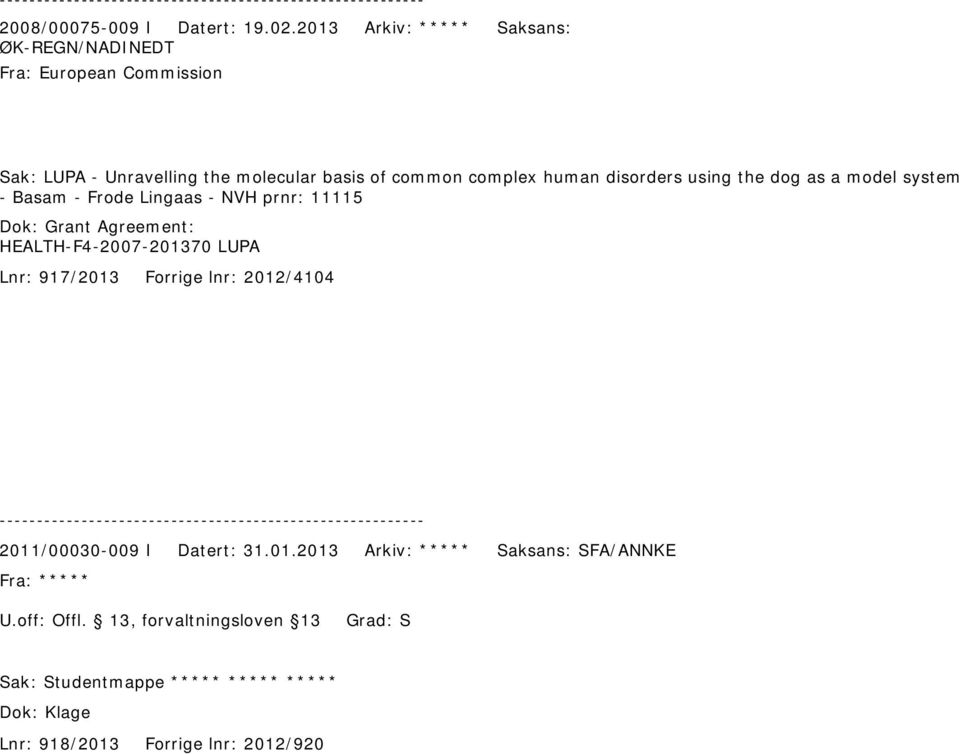 disorders using the dog as a model system - Basam - Frode Lingaas - NVH prnr: 11115 Dok: Grant Agreement: HEALTH-F4-2007-201370 LUPA