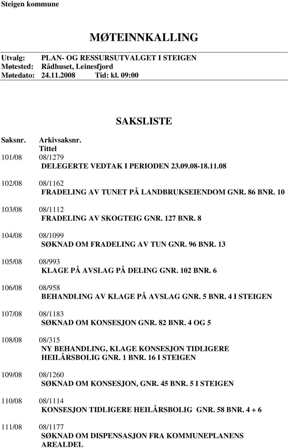 8 104/08 08/1099 SØKNAD OM FRADELING AV TUN GNR. 96 BNR. 13 105/08 08/993 KLAGE PÅ AVSLAG PÅ DELING GNR. 102 BNR. 6 106/08 08/958 BEHANDLING AV KLAGE PÅ AVSLAG GNR. 5 BNR.