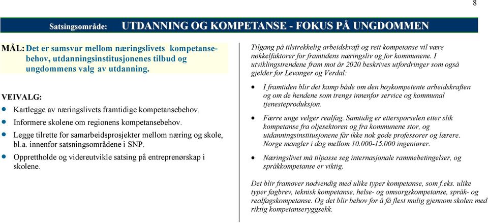 Opprettholde og videreutvikle satsing på entreprenørskap i skolene. Tilgang på tilstrekkelig arbeidskraft og rett kompetanse vil være nøkkelfaktorer for framtidens næringsliv og for kommunene.