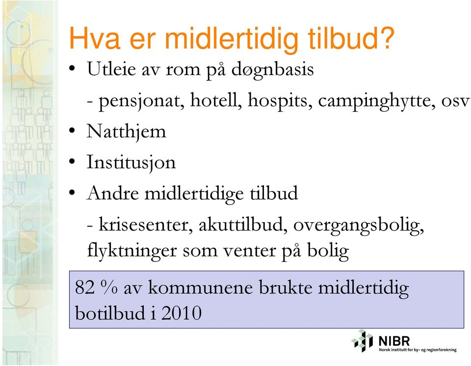 campinghytte, osv Natthjem Institusjon Andre midlertidige tilbud -