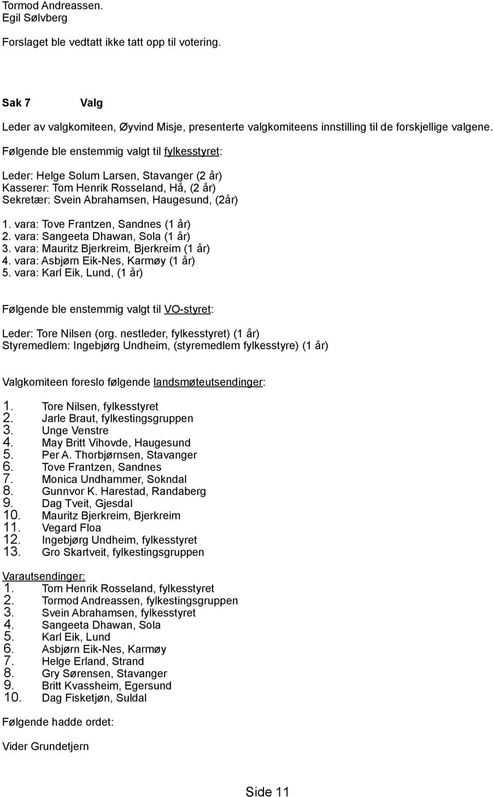 vara: Tove Frantzen, Sandnes (1 år) 2. vara: Sangeeta Dhawan, Sola (1 år) 3. vara: Mauritz Bjerkreim, Bjerkreim (1 år) 4. vara: Asbjørn Eik-Nes, Karmøy (1 år) 5.