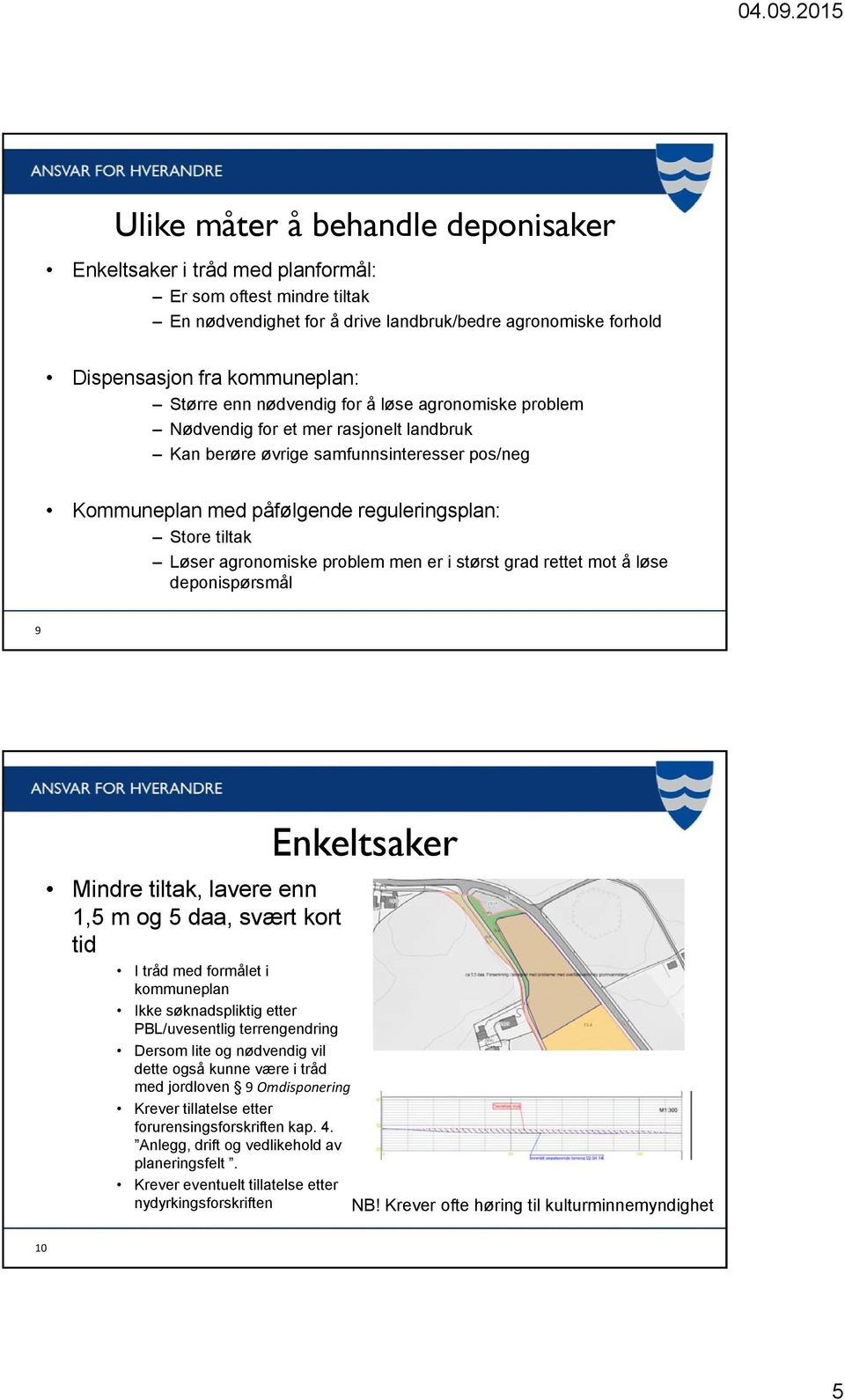 agronomiske problem men er i størst grad rettet mot å løse deponispørsmål 9 Mindre tiltak, lavere enn 1,5 m og 5 daa, svært kort tid I tråd med formålet i kommuneplan Ikke søknadspliktig etter