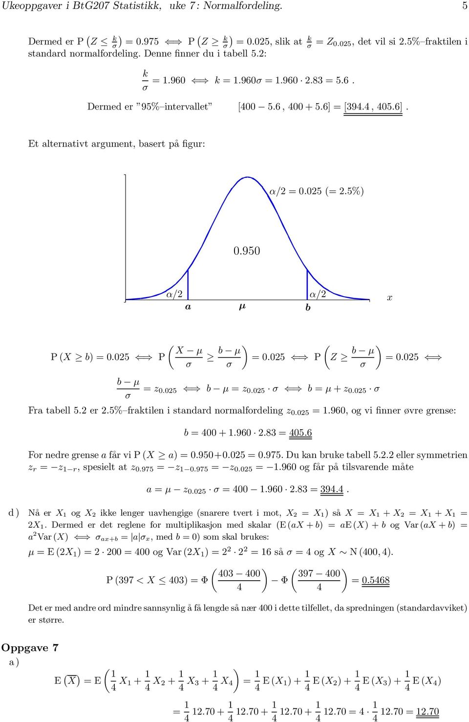 025 P Z b μ ) =0.025 b μ = z 0.025 b μ = z 0.025 b = μ + z 0.025 Fra tabell 5.2 er 2.5% fratilen i standard normalfordeling z 0.025 =1.960, og vi finner øvre grense: b = 00 + 1.960 2.83 = 05.