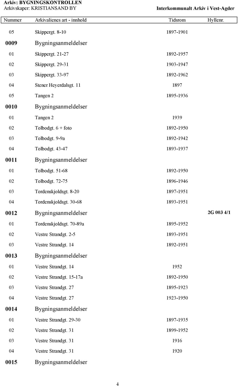 51-68 1892-1950 02 Tolbodgt. 72-75 1896-1946 03 Tordenskjoldsgt. 8-20 1897-1951 04 Tordenskjoldsgt. 30-68 1893-1951 0012 Bygningsanmeldelser 2G 003 4/1 01 Tordenskjoldsgt.