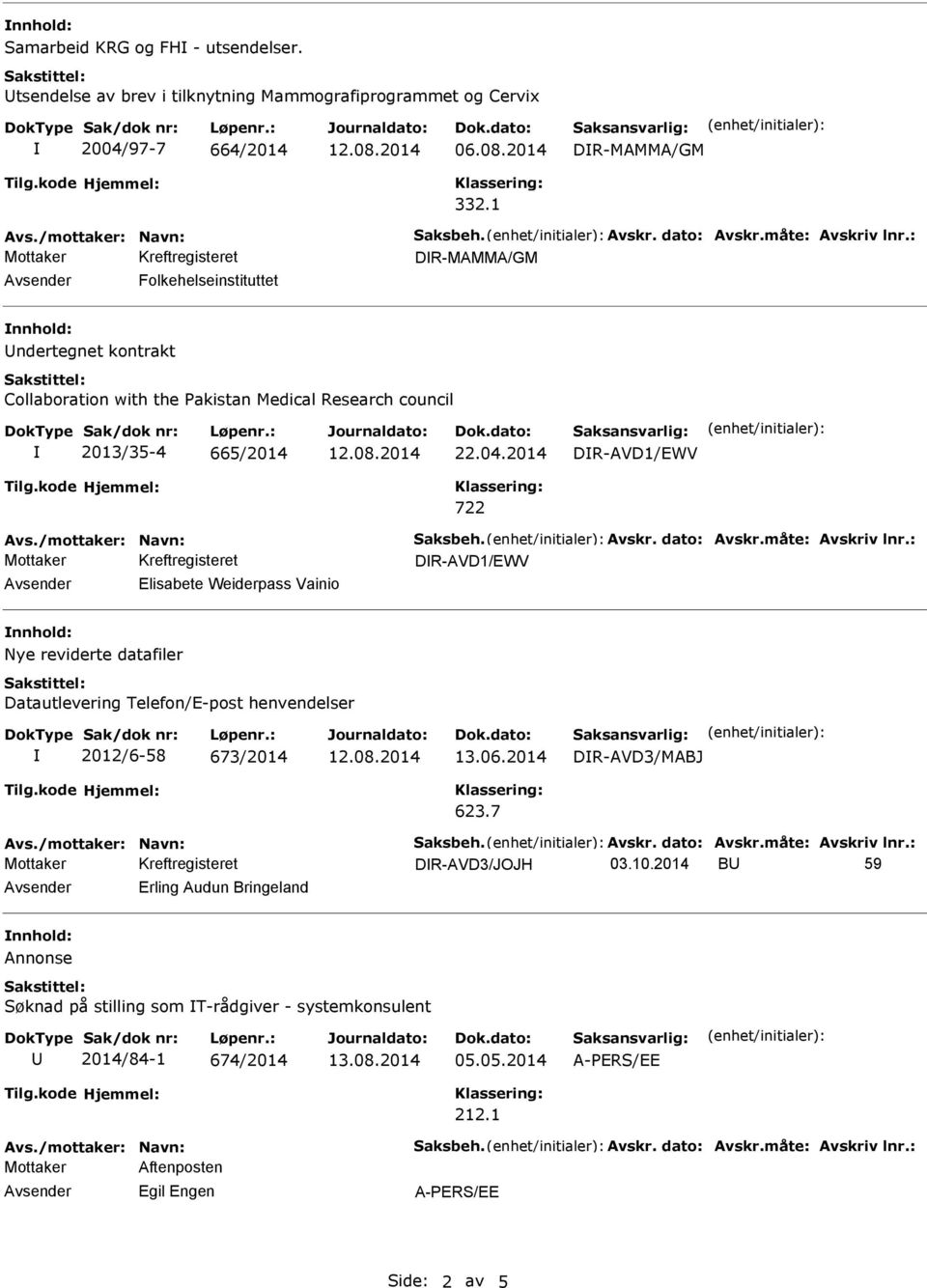 /mottaker: Navn: Saksbeh. Avskr. dato: Avskr.måte: Avskriv lnr.: DR-AVD1/EWV Elisabete Weiderpass Vainio Nye reviderte datafiler Datautlevering Telefon/E-post henvendelser 2012/6-58 673/2014 13.06.