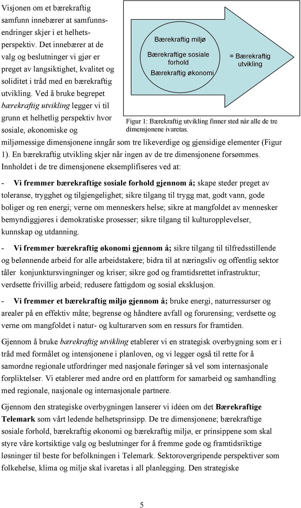 Ved å bruke begrepet bærekraftig utvikling legger vi til grunn et helhetlig perspektiv hvor sosiale, økonomiske og miljømessige dimensjonene inngår som tre likeverdige og gjensidige elementer (Figur